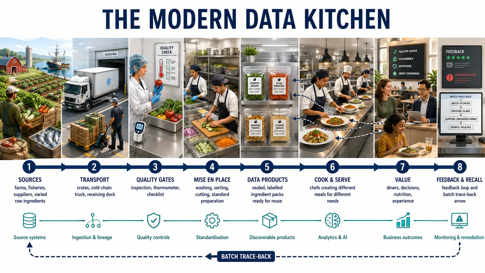 Illustration of the Modern Data Kitchen value chain; the complete eight-stage mapping follows.