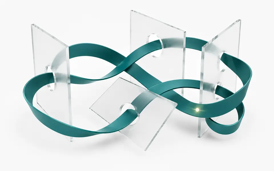 A continuous teal Möbius ribbon bridges gaps between separate transparent organisational and system planes.