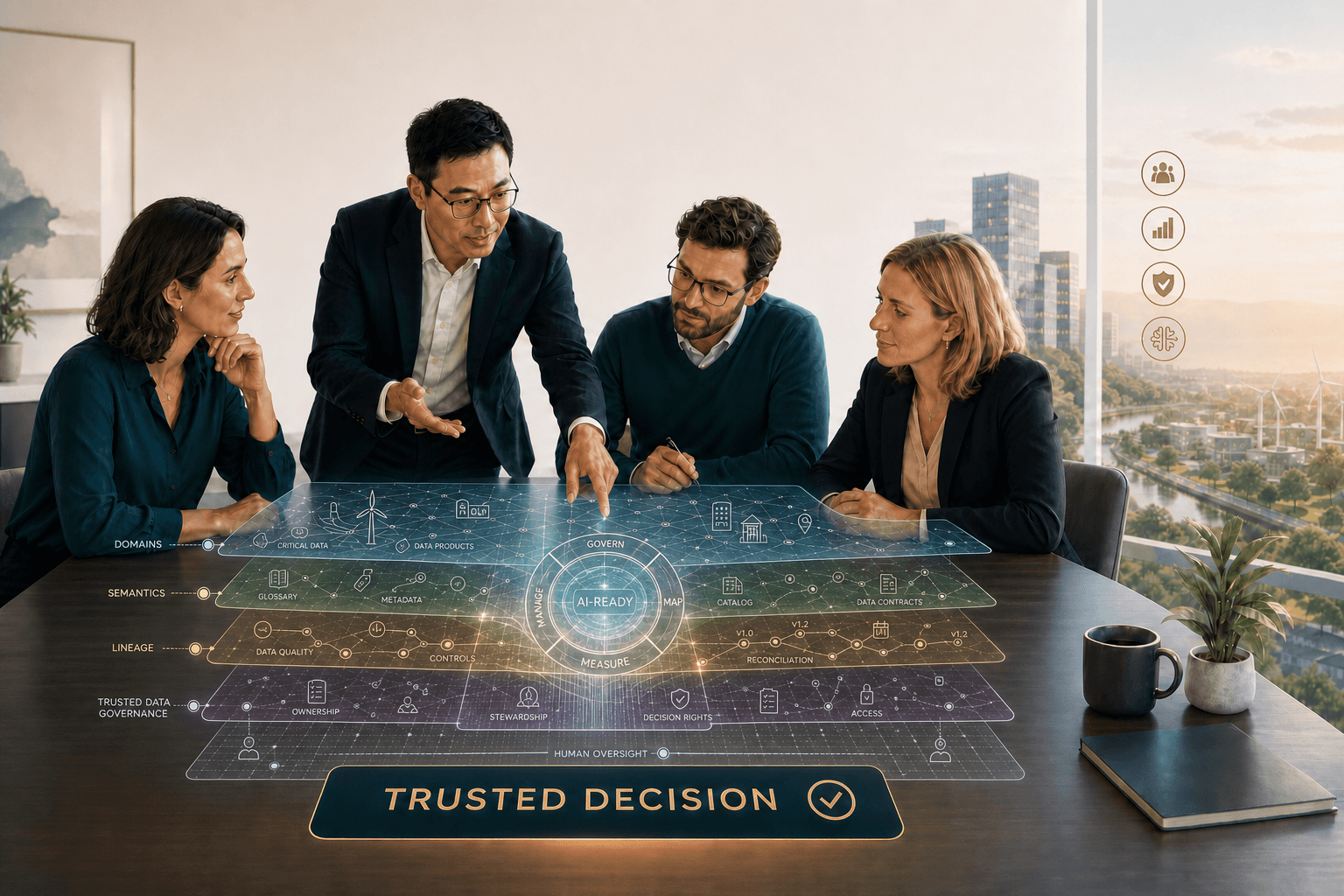 A cross-functional team aligns layered domains, semantics, lineage, governance, and AI-ready controls to support a human-owned trusted decision.